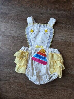 NWT Vintage 80s Yellow Gingham Plaid & Floral Bubble Romper Baby Girl 12M